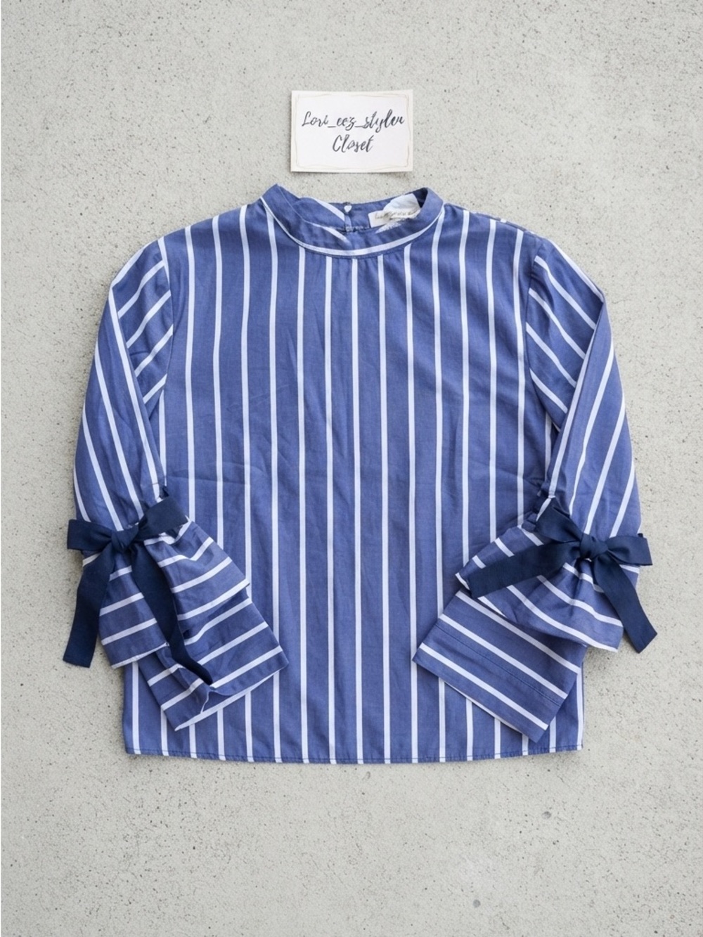 Zara Blue and White Vertical Stripe Blouse with Navy Ribbon Cuffs